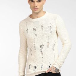 Men Self Design Round Neck Beige Sweater-image-102