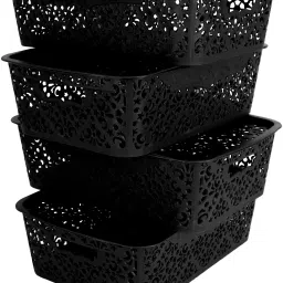 Plastic Medium Turkish Basket For Closet | Wardrobe | Kitchen | Vegetables | Toys | Books | Office | Stationery | Utility | Cosmetics | Accessories Storage Basket With Lid (Black) (36.5 CM x 21 CM x 10 CM) (Pack Of 4, Medium) Storage Basket-image-73