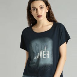 Women Printed Round Neck Pure Cotton Blue T-Shirt-image-53