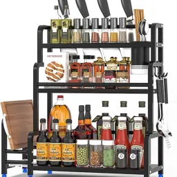Utensil Kitchen Rack Spice Rack Shelf Kitchen Organizer 3-Tier, Large Metal Storage Countertop Shelf Carbon Steel-image-14