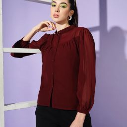 Casual Puff Sleeves Solid Women Maroon Top-image-38
