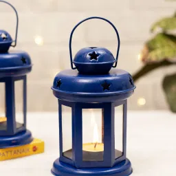 Star Light Decorative Metal Lantern Indoor/Outdoor Hanging Lantern, Set of 2 Designer Candle Tealight Holder, Blue Metal Table Lantern-29