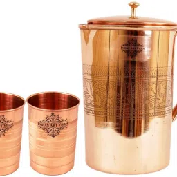Copper Set of 1 Embossed Designer Jug Pitcher 1750 ML with 2 Glass 300 ML each - Storage Drinking Water Serveware Jug Glass Set-image-10