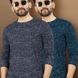 vebnor Pack of 2 Men Printed Round Neck Polycotton Grey, Dark Blue T-Shirt-picture-1