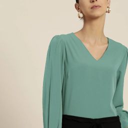 Party Cuffed Sleeves Solid Women Light Green Top-image-62