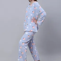 Women Night Suit Set Blue Solid-image-5
