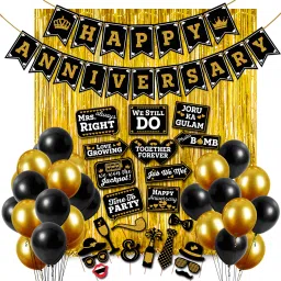 Happy Anniversary Decoration Combo Happy Anniversary Banner - Gold Foiled Fringe Curtain - Foil Balloons - Latex Balloons Wedding Anniversary Party Decoration Photo Props (Pack of 50)-14