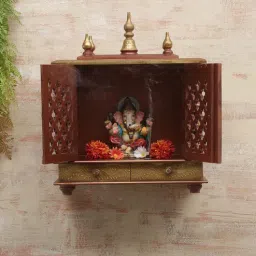 india home wood Brown Sheesham Wood Wall Mounted Mandir With Door-picture-0