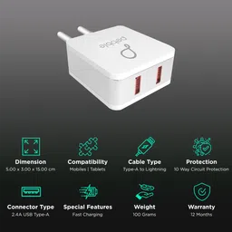 pebbles Pebble 12W Type A 2-Port Fast Charger (Type A to Lightning Cable, 10 Way Circuit Protection, White) image 2