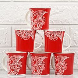 Femora Red & White 6 Pcs Ethnic Motifs Printed Ceramic Glossy Cups Set 160 ml-10