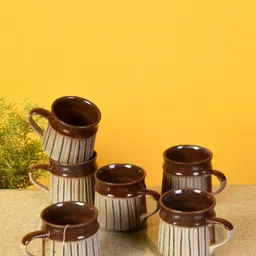 AAKRITI ART CREATIONS Brown 6 Pieces Printed Ceramic Glossy Mugs 200ml-10