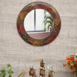 craft tree Wooden Handpainted Decorative Wall Hanging Round Mirror Showpiece in Multicolor-picture-43