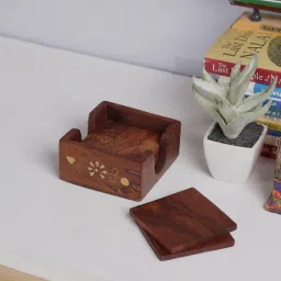 ons interior industry Jodhpuri Brown Mango Wood (Set of 4) Table Coaster with Stand-picture-21