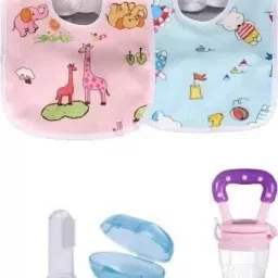 Feeding & Cleaning Combo Pink Food Feeder, Finger Toothbrush & 2 Waterproof Bibs - SILICON-18