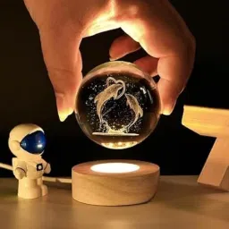 Crystal Ball Night Ligh Night Lamp with Woodern Base Night Lamp (8 cm, moon) Table Lamp-17