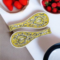 Yellow Mughal Print Large Spoon Rest Pack Of 2 Ceramic Table Spoon Set-9