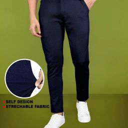 Men Slim Fit Dark Blue Lycra Blend Trousers-image-2