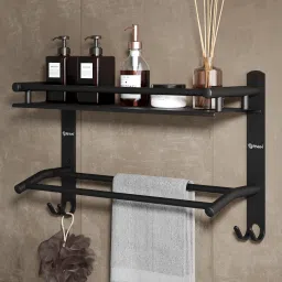 3 in 1 Multipurpose bathroom shelf/rack, with double towel rod and 2 dual hooks BLACK MATTE Towel Holder-17