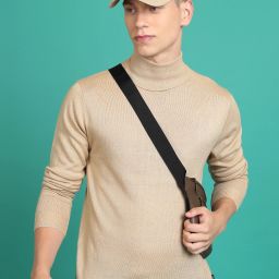 Men Solid Turtle Neck Beige Sweater-image-1