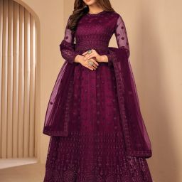 Embroidered Net Semi Stitched Flared/A-line Gown-11