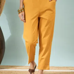Women Regular Fit Yellow Pure Cotton Trousers-image-71