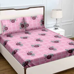 Pink Floral 210 TC Cotton Queen Sized Bedsheet With 2 Pillow Covers Crystal Collection by Bella Casa-picture-23