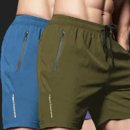Pack of 2 Solid Men Blue, Green Gym Shorts-picture-22