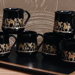 Pack of 6 Ceramic Pack of 6 Ceramic ElephantGold Tribal Artwork Ceramic Black Cups- Set-image-6