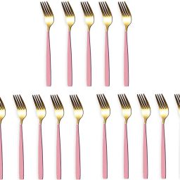 Golden Forks with Fuchsia Pink Handles|for Dinner, Fruit, Café, Desserts, Salads Stainless Steel Cutlery Set-image-41