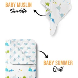 Moms Home Organic Cotton Soft Baby Muslin Swaddle & AC Quilt Combo Bluewhale - 2 Items-image-67
