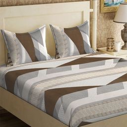 KLOTTHE White & Brown Geometric Printed 300 TC King Bedsheet With 2 Pillow Covers-12