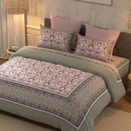 BELLA CASA White & Green Floral Printed 350 TC King Bedsheet with 2 Pillow Covers-image-26