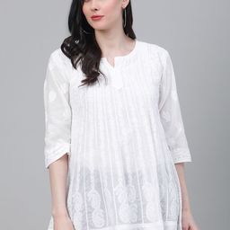 ADA Women White Pure Cotton Chikankari Embroidered Straight A-Line Sustainable Kurti-40