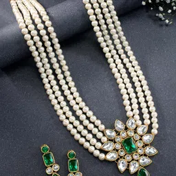 Peora Green & White Floral Studded Gold Plated Jewellery Set-57
