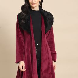 WoowZerz Women Maroon & Black Solid Longline Front Open Coat-image-81