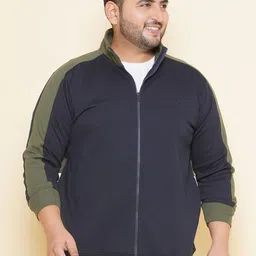 John Pride Plus Size Colourblocked Mock Collar Fleece Front Open Sweatshirt-image-5