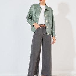 Styli Women Solid Boxy Fit Regular Length PU Trucker Jacket-image-74