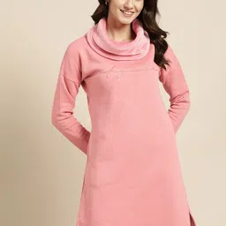 Sweet Dreams Pink Embroidered Turtle Neck Fleece Nightdress-image-98