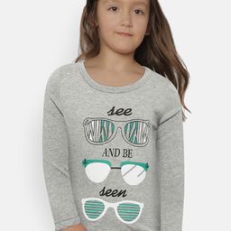 Kids On Board Girls Grey Melange Printed Round Neck T-shirt-image-82