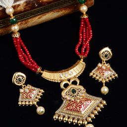 PANASH Gold-Plated & Red Stone-Studded & Beaded Jewellery Set-image-11