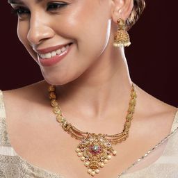 Rubans 22K Gold-Plated Ruby Pink, Emerald & White CZ Statement Necklace with Pearl Drops-9