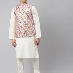 Tulsattva Men White Floral Kurta & Pyjamas with Nehru Jacket-picture-15
