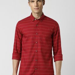 Peter England Casuals Men Red Slim Fit Striped Casual Shirt-image-20