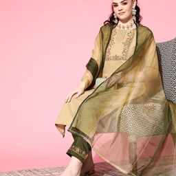 SheWill Beige & Green Floral Embroidered Gota Patti Detail Kurta with Trousers & Dupatta-picture-12