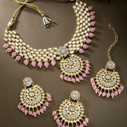 Peora 18K Gold-Plated Pink Traditional Kundan Jewellery Set-image-23