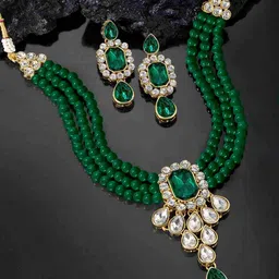PEORA Green Gold-Plated Stone Studded & Beaded Jewellery Set-25