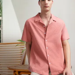 Dennis Lingo Self Design Textured Cuban Collar Casual Shirt-image-82
