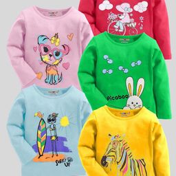 KUCHIPOO Girls Yellow ,Blue, Red ,Pink& Green 5 Printed  T-shirt-image-52