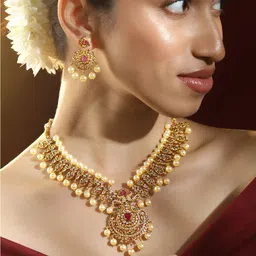 Rubans 24K Gold-Plated Ruby Emerald White CZ & Pearl Beads Studded Temple Jewellery Set-28