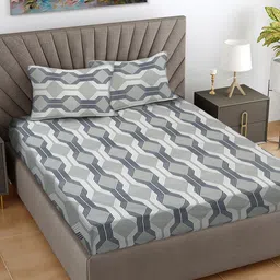 FABINALIV Grey & White Geometric Printed 300 TC King Bedsheet With 2 Pillow Covers-7